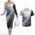 Personalised New Zealand Pakeha Couples Matching Off The Shoulder Long Sleeve Dress and Hawaiian Shirt Kiwi Silver Fern and Sailing Ship Compass