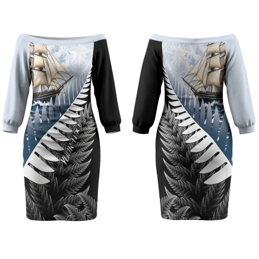Personalised New Zealand Pakeha Couples Matching Off The Shoulder Long Sleeve Dress and Hawaiian Shirt Kiwi Silver Fern and Sailing Ship Compass