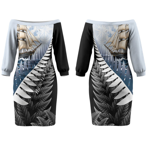 Personalised New Zealand Pakeha Couples Matching Off The Shoulder Long Sleeve Dress and Hawaiian Shirt Kiwi Silver Fern and Sailing Ship Compass