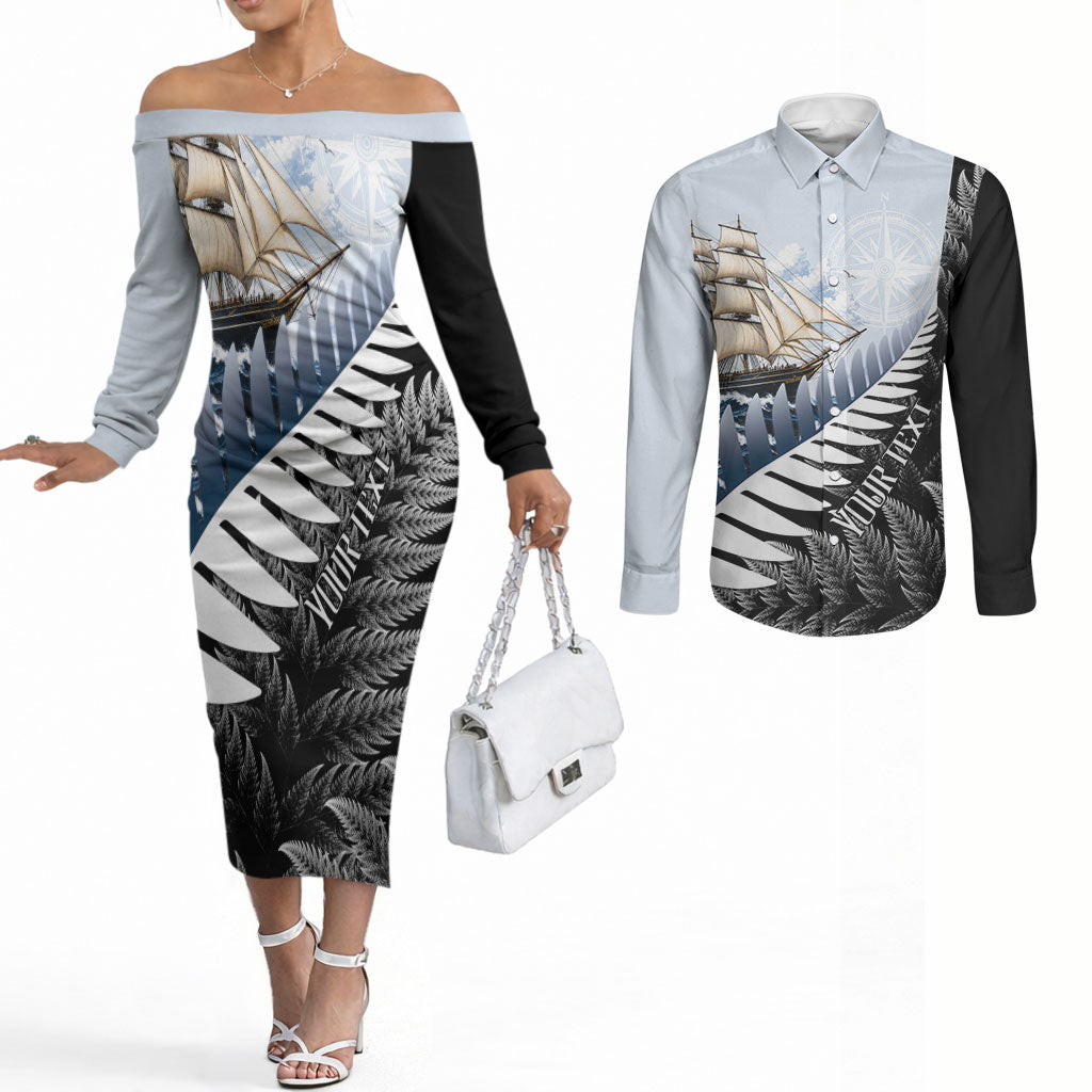 Personalised New Zealand Pakeha Couples Matching Off The Shoulder Long Sleeve Dress and Long Sleeve Button Shirt Kiwi Silver Fern and Sailing Ship Compass