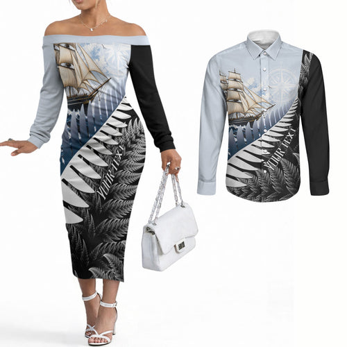 Personalised New Zealand Pakeha Couples Matching Off The Shoulder Long Sleeve Dress and Long Sleeve Button Shirt Kiwi Silver Fern and Sailing Ship Compass