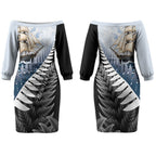 Personalised New Zealand Pakeha Couples Matching Off The Shoulder Long Sleeve Dress and Long Sleeve Button Shirt Kiwi Silver Fern and Sailing Ship Compass