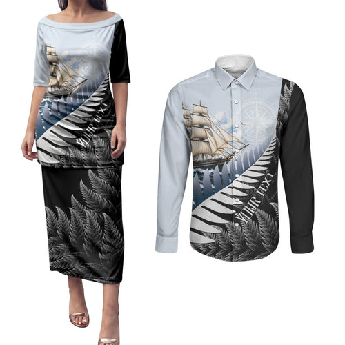 Personalised New Zealand Pakeha Couples Matching Puletasi and Long Sleeve Button Shirt Kiwi Silver Fern and Sailing Ship Compass