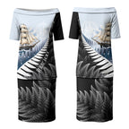 Personalised New Zealand Pakeha Couples Matching Puletasi and Long Sleeve Button Shirt Kiwi Silver Fern and Sailing Ship Compass