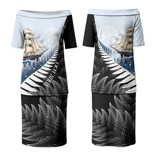 Personalised New Zealand Pakeha Couples Matching Puletasi and Long Sleeve Button Shirt Kiwi Silver Fern and Sailing Ship Compass