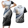 Personalised New Zealand Pakeha Couples Matching Short Sleeve Bodycon Dress and Hawaiian Shirt Kiwi Silver Fern and Sailing Ship Compass