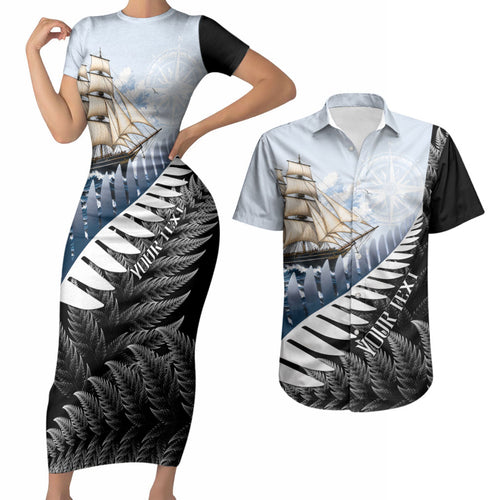 Personalised New Zealand Pakeha Couples Matching Short Sleeve Bodycon Dress and Hawaiian Shirt Kiwi Silver Fern and Sailing Ship Compass