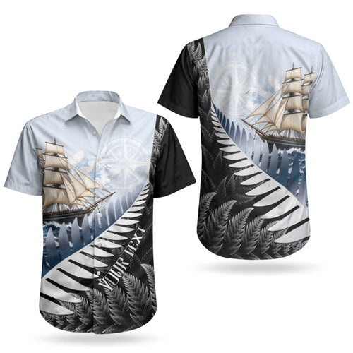 Personalised New Zealand Pakeha Couples Matching Short Sleeve Bodycon Dress and Hawaiian Shirt Kiwi Silver Fern and Sailing Ship Compass