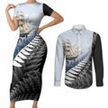 Personalised New Zealand Pakeha Couples Matching Short Sleeve Bodycon Dress and Long Sleeve Button Shirt Kiwi Silver Fern and Sailing Ship Compass