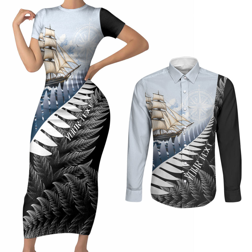 Personalised New Zealand Pakeha Couples Matching Short Sleeve Bodycon Dress and Long Sleeve Button Shirt Kiwi Silver Fern and Sailing Ship Compass