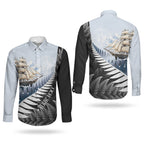 Personalised New Zealand Pakeha Couples Matching Short Sleeve Bodycon Dress and Long Sleeve Button Shirt Kiwi Silver Fern and Sailing Ship Compass
