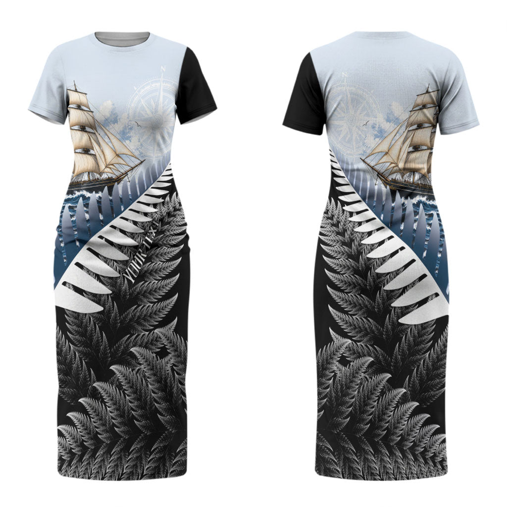 Personalised New Zealand Pakeha Couples Matching Short Sleeve Bodycon Dress and Long Sleeve Button Shirt Kiwi Silver Fern and Sailing Ship Compass