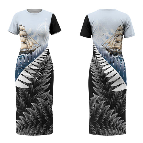 Personalised New Zealand Pakeha Couples Matching Short Sleeve Bodycon Dress and Long Sleeve Button Shirt Kiwi Silver Fern and Sailing Ship Compass