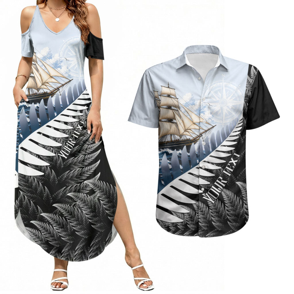 Personalised New Zealand Pakeha Couples Matching Summer Maxi Dress and Hawaiian Shirt Kiwi Silver Fern and Sailing Ship Compass
