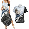 Personalised New Zealand Pakeha Couples Matching Summer Maxi Dress and Hawaiian Shirt Kiwi Silver Fern and Sailing Ship Compass
