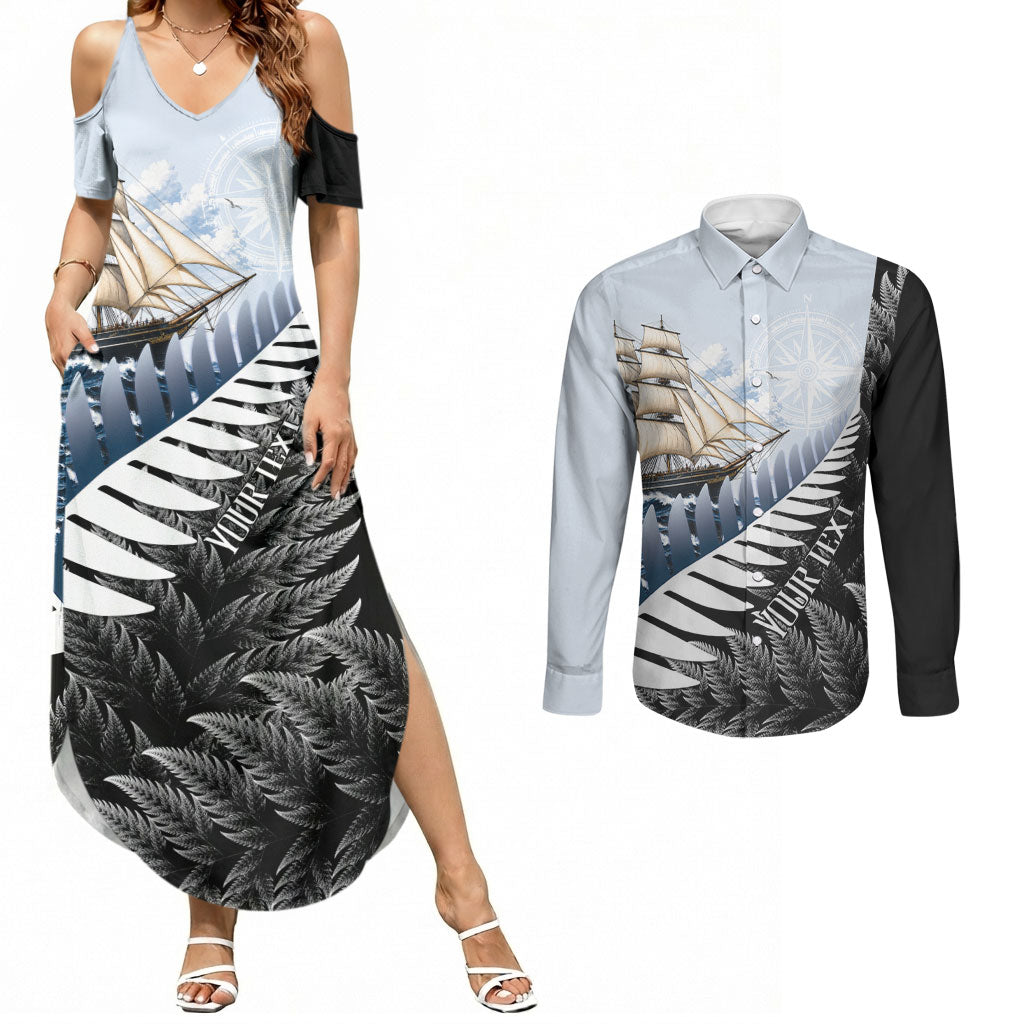 Personalised New Zealand Pakeha Couples Matching Summer Maxi Dress and Long Sleeve Button Shirt Kiwi Silver Fern and Sailing Ship Compass