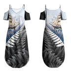 Personalised New Zealand Pakeha Couples Matching Summer Maxi Dress and Long Sleeve Button Shirt Kiwi Silver Fern and Sailing Ship Compass