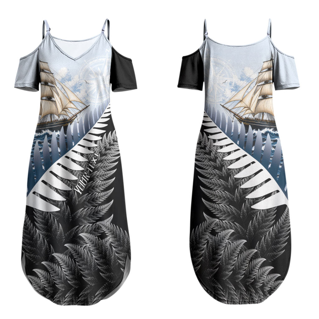 Personalised New Zealand Pakeha Couples Matching Summer Maxi Dress and Long Sleeve Button Shirt Kiwi Silver Fern and Sailing Ship Compass