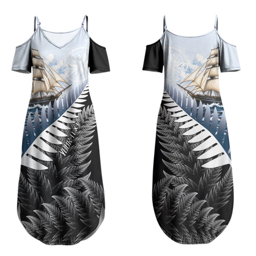 Personalised New Zealand Pakeha Couples Matching Summer Maxi Dress and Long Sleeve Button Shirt Kiwi Silver Fern and Sailing Ship Compass