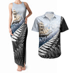 Personalised New Zealand Pakeha Couples Matching Tank Maxi Dress and Hawaiian Shirt Kiwi Silver Fern and Sailing Ship Compass
