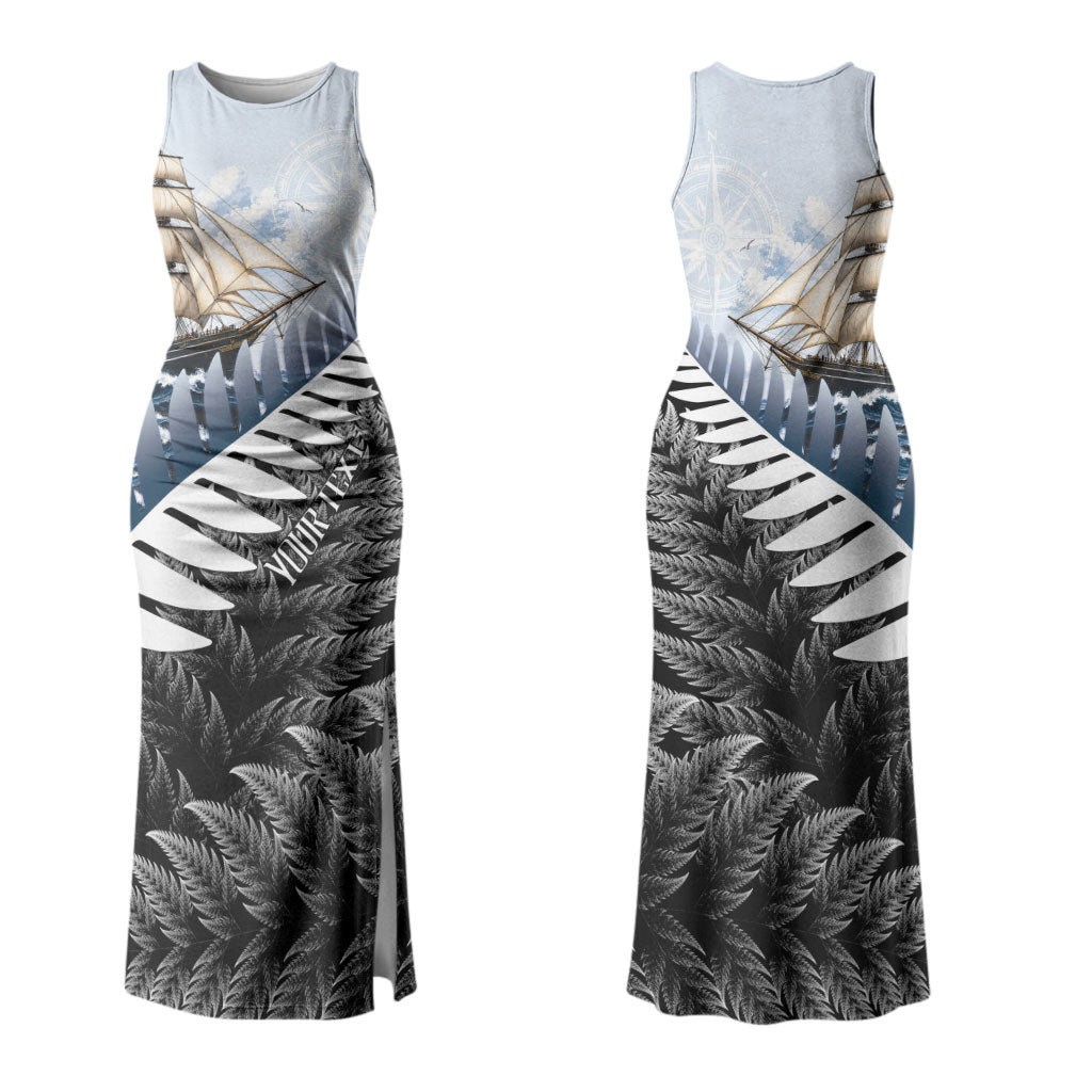 Personalised New Zealand Pakeha Couples Matching Tank Maxi Dress and Hawaiian Shirt Kiwi Silver Fern and Sailing Ship Compass