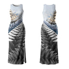 Personalised New Zealand Pakeha Couples Matching Tank Maxi Dress and Hawaiian Shirt Kiwi Silver Fern and Sailing Ship Compass