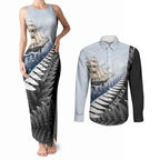 Personalised New Zealand Pakeha Couples Matching Tank Maxi Dress and Long Sleeve Button Shirt Kiwi Silver Fern and Sailing Ship Compass