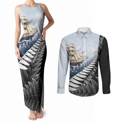 Personalised New Zealand Pakeha Couples Matching Tank Maxi Dress and Long Sleeve Button Shirt Kiwi Silver Fern and Sailing Ship Compass