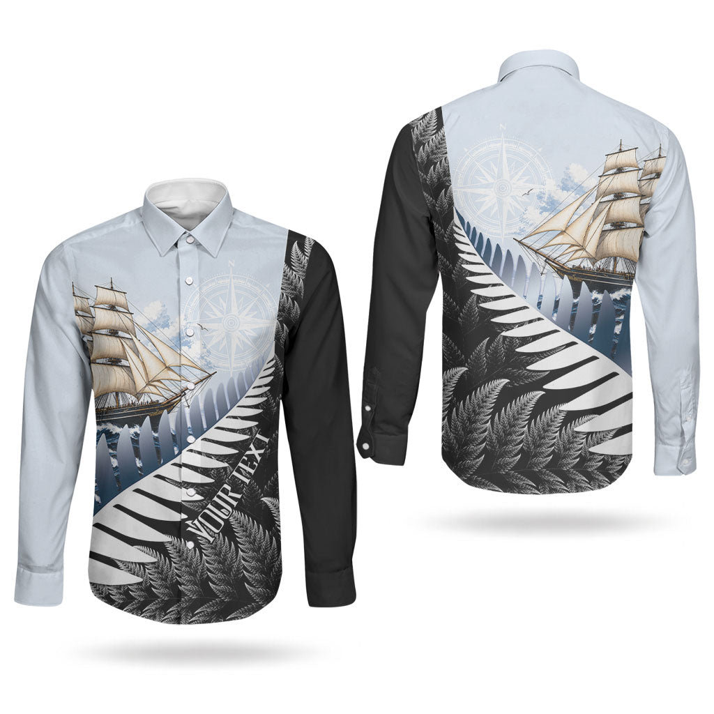 Personalised New Zealand Pakeha Couples Matching Tank Maxi Dress and Long Sleeve Button Shirt Kiwi Silver Fern and Sailing Ship Compass