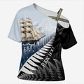 Personalised New Zealand Pakeha Cross Shoulder Shirt Kiwi Silver Fern and Sailing Ship Compass