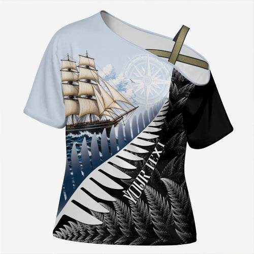 Personalised New Zealand Pakeha Cross Shoulder Shirt Kiwi Silver Fern and Sailing Ship Compass