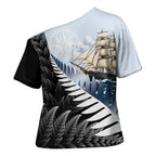 Personalised New Zealand Pakeha Cross Shoulder Shirt Kiwi Silver Fern and Sailing Ship Compass
