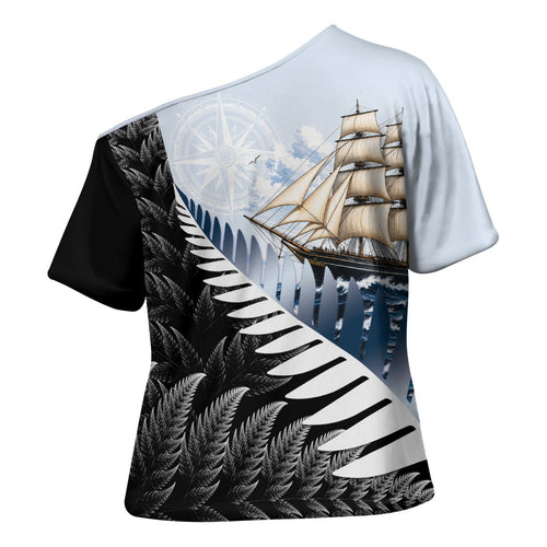 Personalised New Zealand Pakeha Cross Shoulder Shirt Kiwi Silver Fern and Sailing Ship Compass