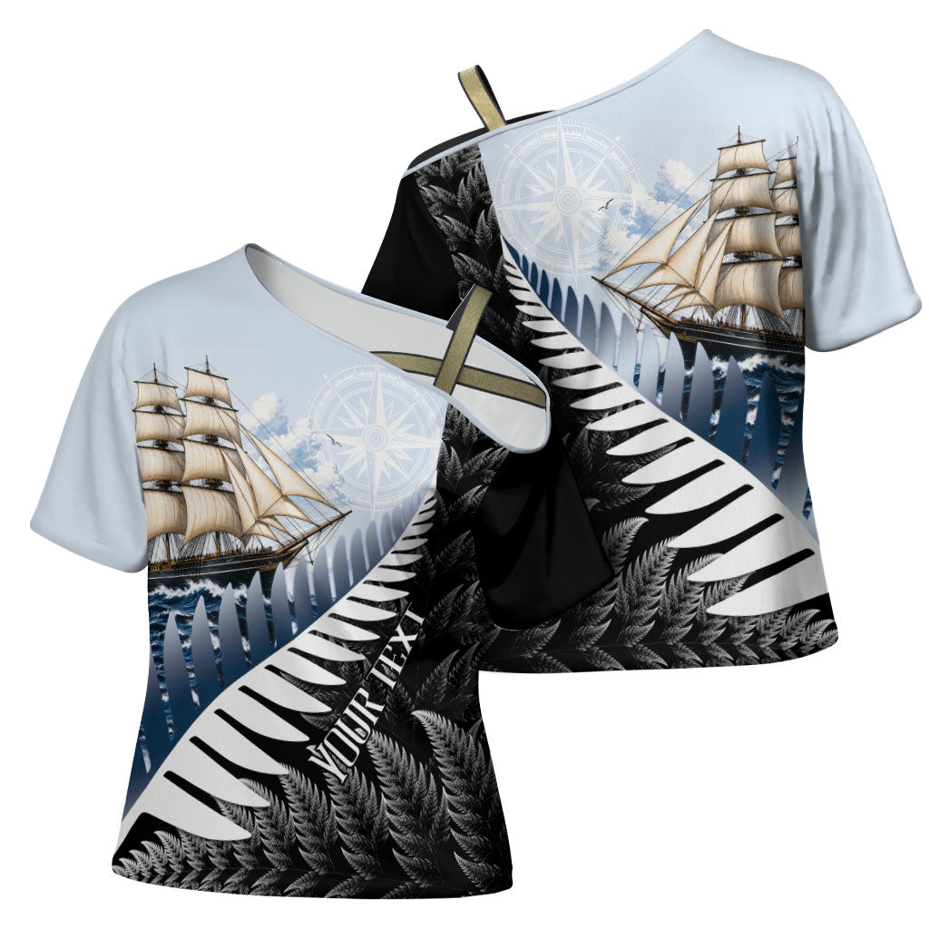 Personalised New Zealand Pakeha Cross Shoulder Shirt Kiwi Silver Fern and Sailing Ship Compass