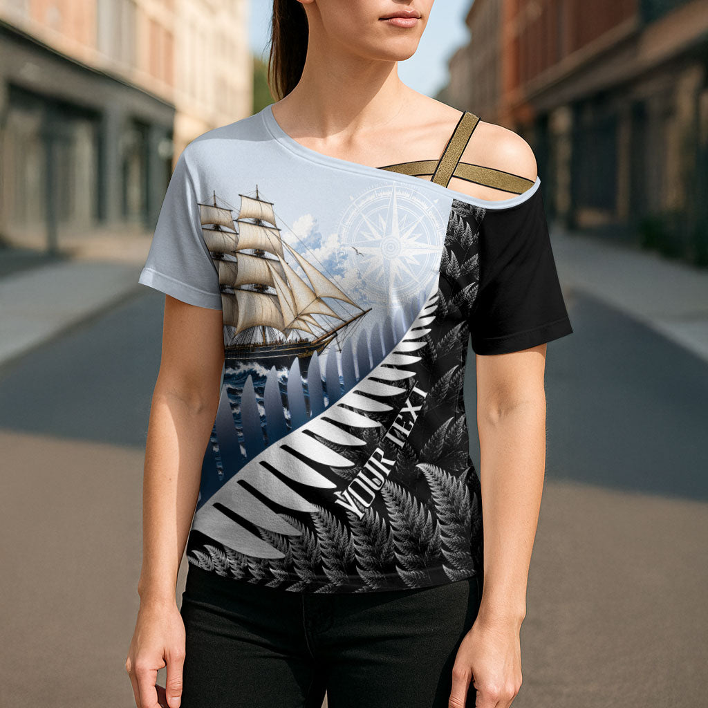 Personalised New Zealand Pakeha Cross Shoulder Shirt Kiwi Silver Fern and Sailing Ship Compass