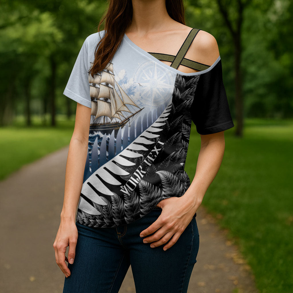 Personalised New Zealand Pakeha Cross Shoulder Shirt Kiwi Silver Fern and Sailing Ship Compass
