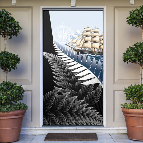 New Zealand Pakeha Door Cover Kiwi Silver Fern and Sailing Ship Compass
