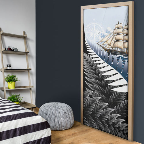 New Zealand Pakeha Door Cover Kiwi Silver Fern and Sailing Ship Compass