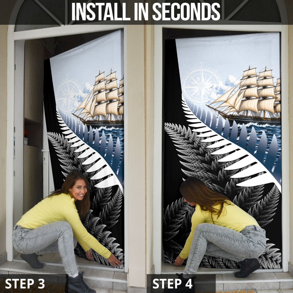 New Zealand Pakeha Door Cover Kiwi Silver Fern and Sailing Ship Compass