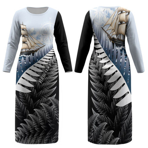Personalised New Zealand Pakeha Family Matching Long Sleeve Bodycon Dress and Hawaiian Shirt Kiwi Silver Fern and Sailing Ship Compass
