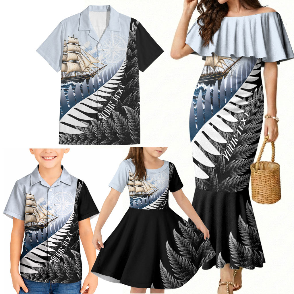 Personalised New Zealand Pakeha Family Matching Mermaid Dress and Hawaiian Shirt Kiwi Silver Fern and Sailing Ship Compass