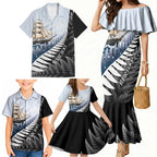 Personalised New Zealand Pakeha Family Matching Mermaid Dress and Hawaiian Shirt Kiwi Silver Fern and Sailing Ship Compass