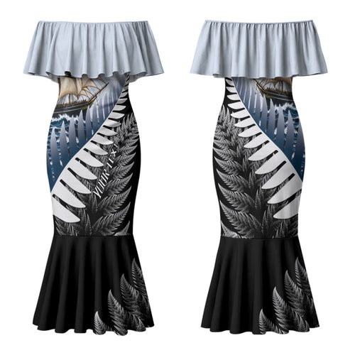 Personalised New Zealand Pakeha Family Matching Mermaid Dress and Hawaiian Shirt Kiwi Silver Fern and Sailing Ship Compass
