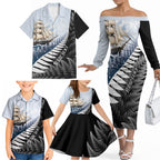Personalised New Zealand Pakeha Family Matching Off The Shoulder Long Sleeve Dress and Hawaiian Shirt Kiwi Silver Fern and Sailing Ship Compass