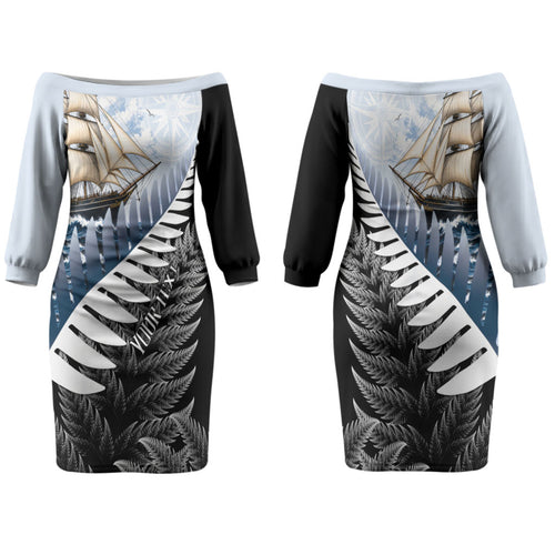 Personalised New Zealand Pakeha Family Matching Off The Shoulder Long Sleeve Dress and Hawaiian Shirt Kiwi Silver Fern and Sailing Ship Compass