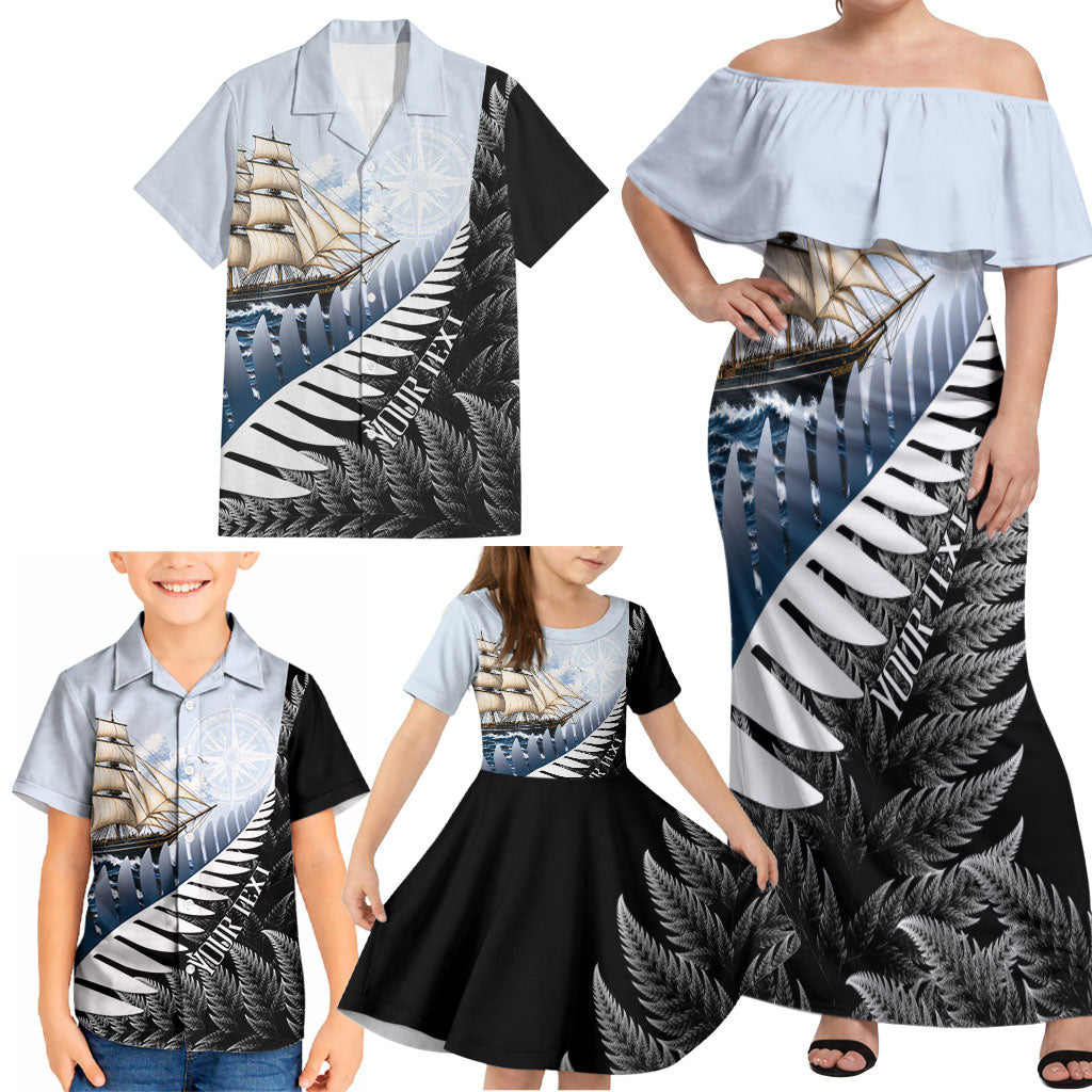 Personalised New Zealand Pakeha Family Matching Off Shoulder Maxi Dress and Hawaiian Shirt Kiwi Silver Fern and Sailing Ship Compass