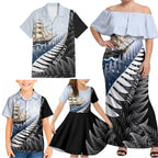 Personalised New Zealand Pakeha Family Matching Off Shoulder Maxi Dress and Hawaiian Shirt Kiwi Silver Fern and Sailing Ship Compass