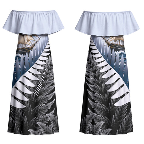 Personalised New Zealand Pakeha Family Matching Off Shoulder Maxi Dress and Hawaiian Shirt Kiwi Silver Fern and Sailing Ship Compass