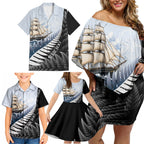 Personalised New Zealand Pakeha Family Matching Off Shoulder Short Dress and Hawaiian Shirt Kiwi Silver Fern and Sailing Ship Compass
