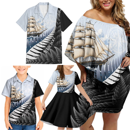 Personalised New Zealand Pakeha Family Matching Off Shoulder Short Dress and Hawaiian Shirt Kiwi Silver Fern and Sailing Ship Compass